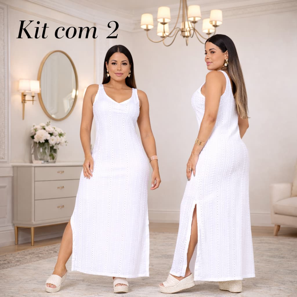 Kit 2 Vestido Laise Longo Feminino Branco Casual Elegante Leve Confortável