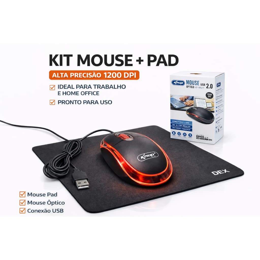 Kit Mouse USB 1200 DPI com Mouse Pad para PC e Notebook