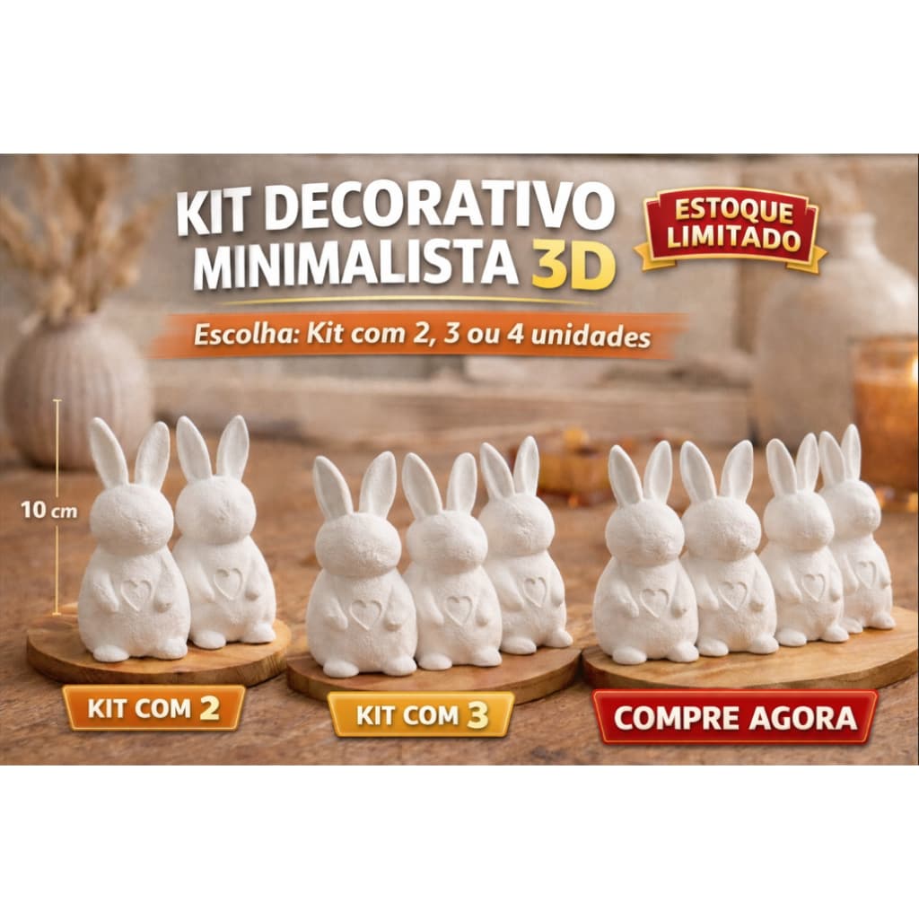 Kit Coelhos Decorativos Minimalistas – Impressão 3D | Escolha 2, 3 ou 4 Unidades
