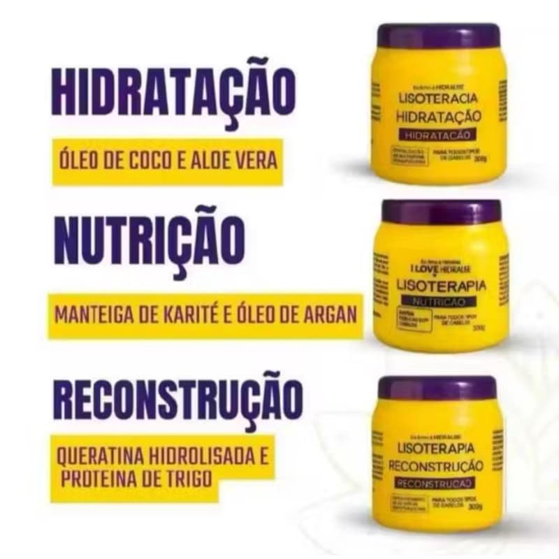 Kit Cronograma Capilar Hidralise Lisoterapia Fortalecimento Hidratação 300g, Nutrição 300g, e Reconstrução 300g