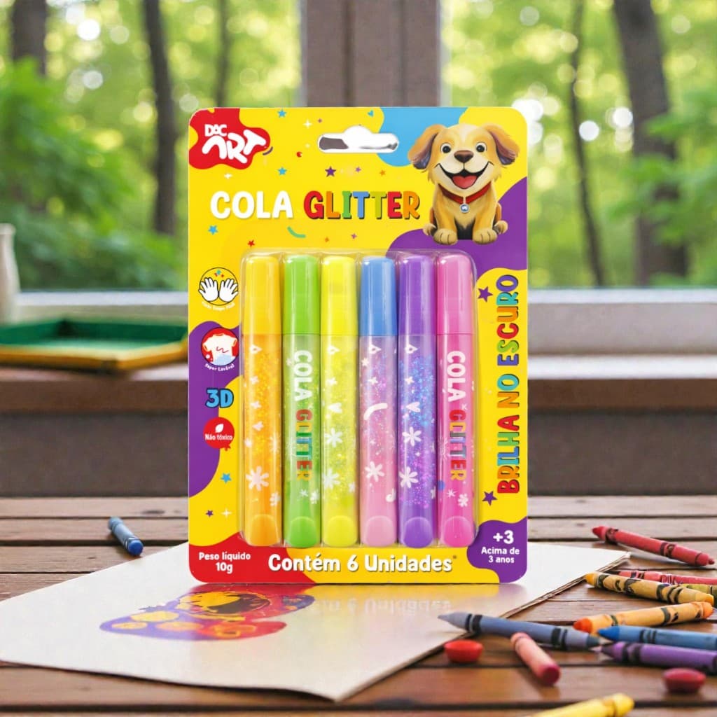 Cola Glitter 6 Unidades Brilha no Escuro Não Tóxica efeito 3D para Trabalhos Escolares