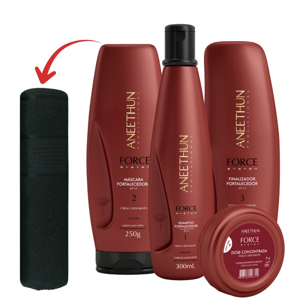 Kit Aneethun Force System Crescimento dos Fios Reduz Queda Tratamento Completo em Casa + Toalha de Rosto Preta (Brinde)