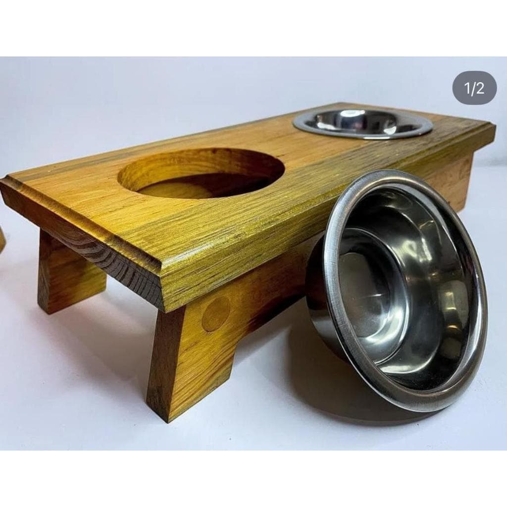 Comedouro para Pet | Bebedouro | Cachorro | Gato | Madeira e 2 Pratos em Inox.