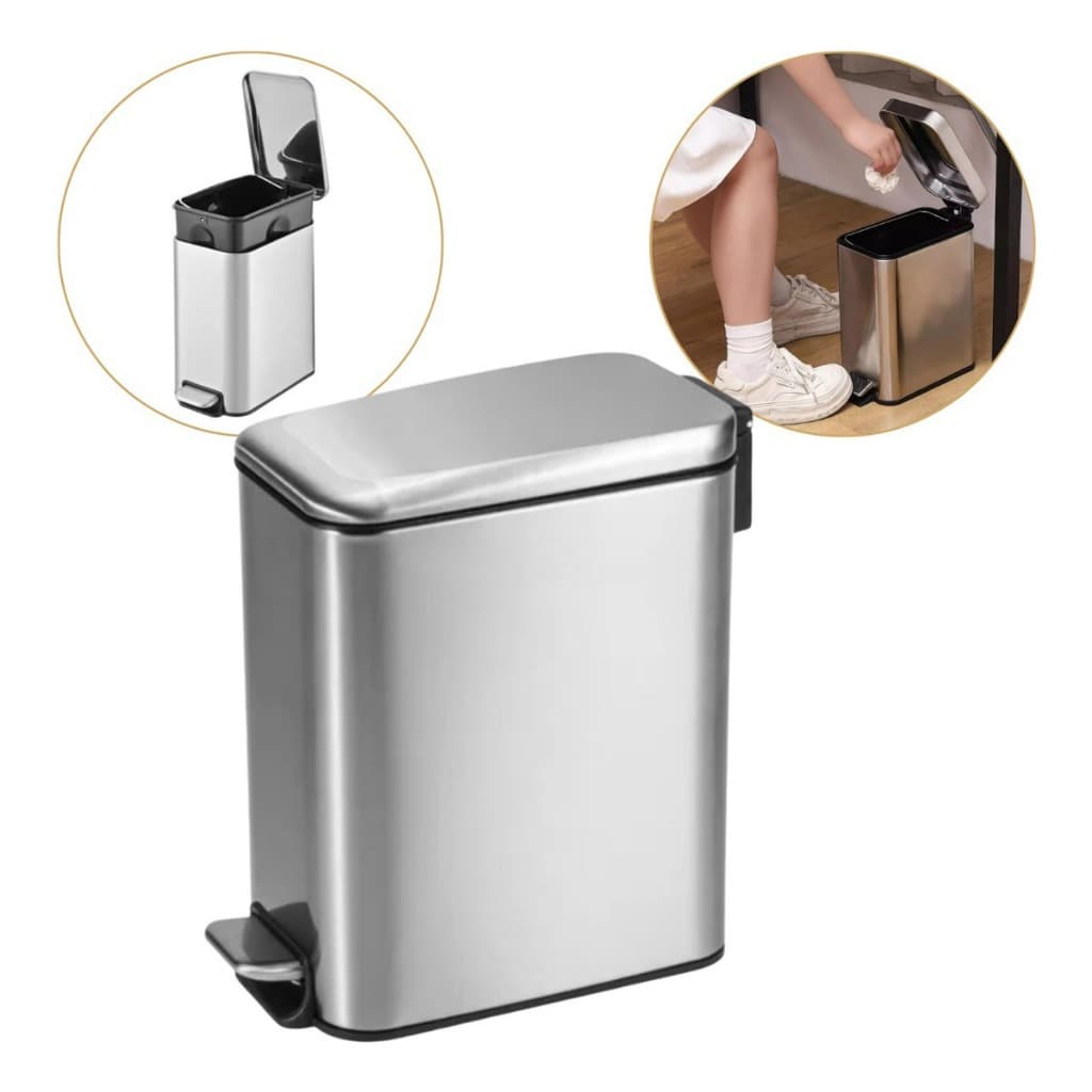 Lixeira Aço Inox 5L com Pedal Cesto Removível Retangular Prata Línea Higiênica Banheiro Escritório