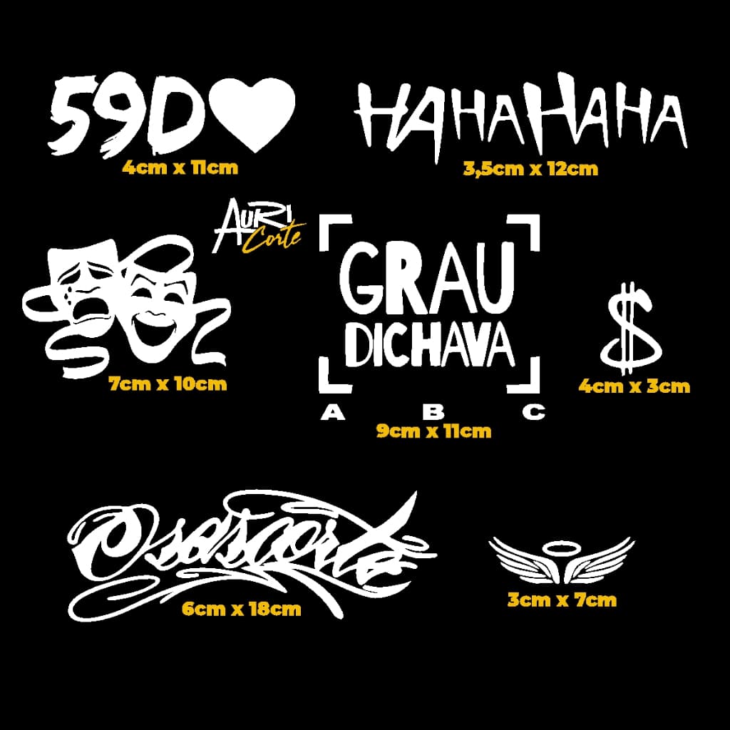 Cartela 06 Adesivos Originais Kit GRAU DICHAVA, 59D, CHORA AGORA RI DEPOIS, CIFRÃO, ANJO OSASCORTE