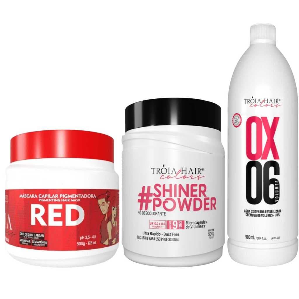 Pó Descolorante Premium 500g + OX 06 900ml + Troia Colors Red 500g - Troia Hair