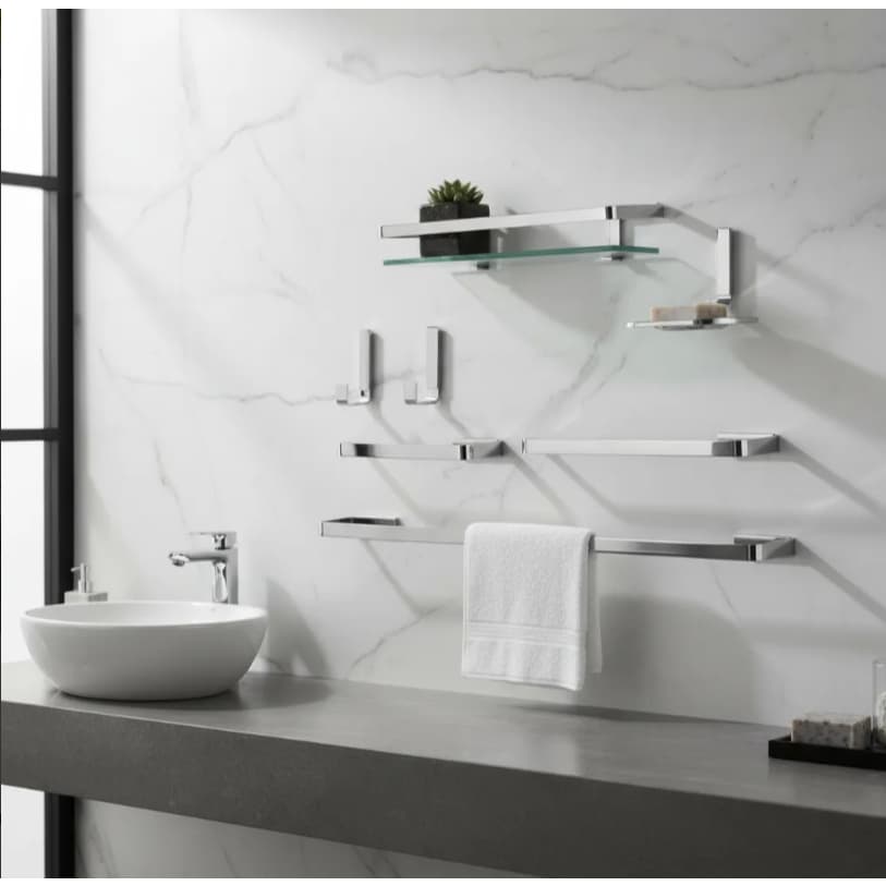 Kit Acessórios Para Banheiro 6 Pçs Inox Quadrado+Porta Shampoo Reto
