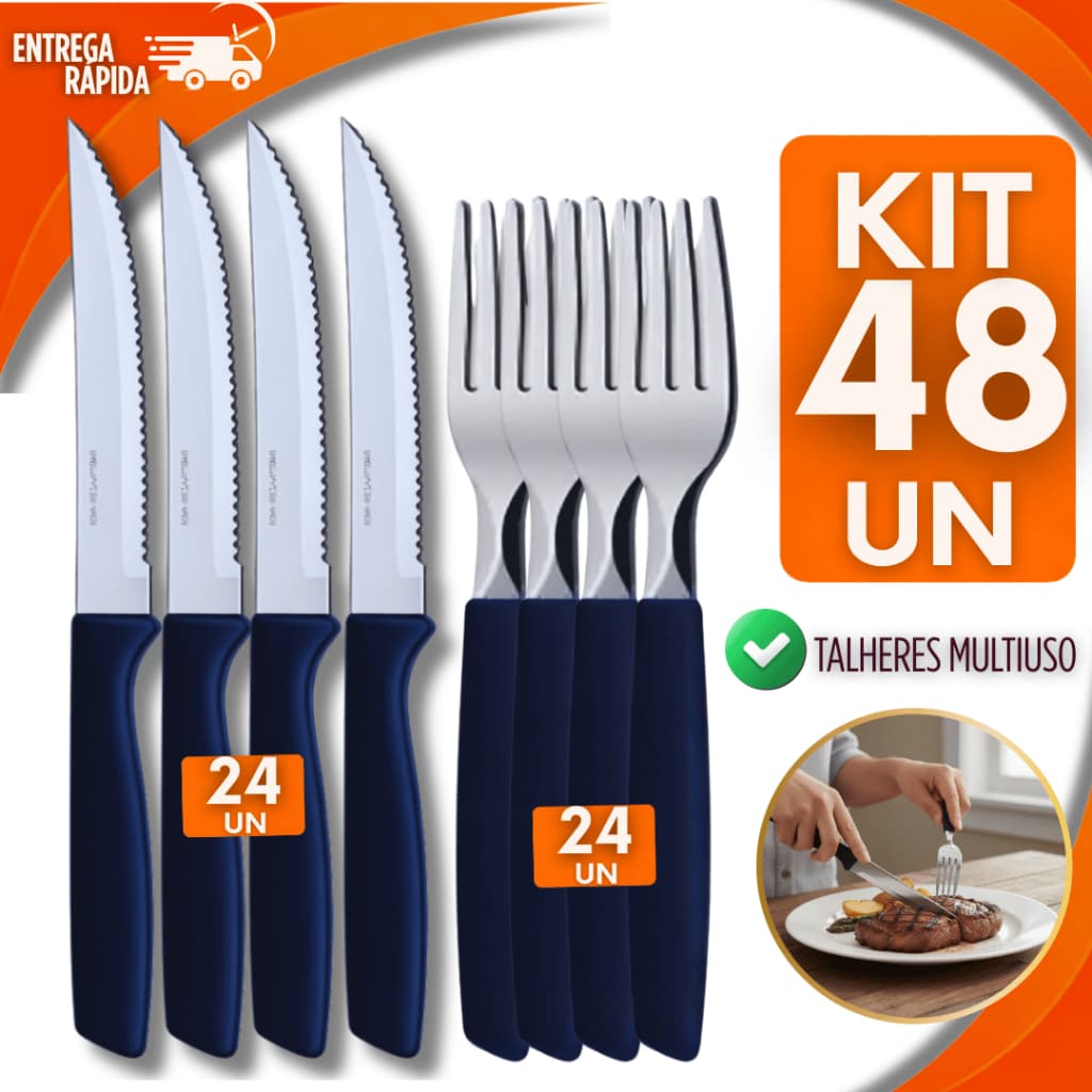 Jogo 48 Talher 24 Garfos 24 Facas Inox Cabo Preto Plástico Jantar Refeições Buffet Casa Talheres