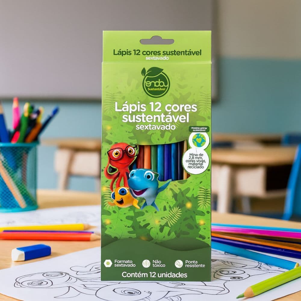 Lápis de Cor 12 Cores Sustentável Sextavado