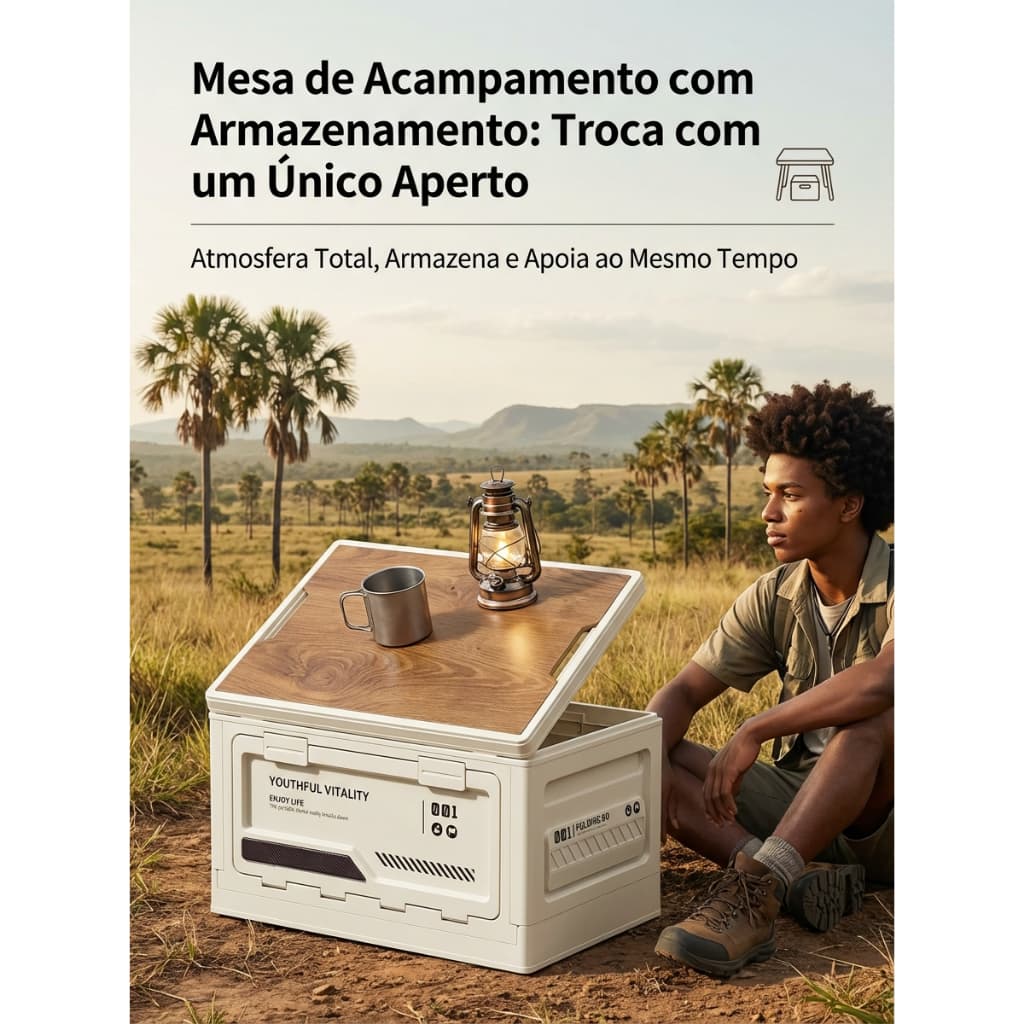 Caixa Organizadora Dobrável Multifuncional com Tampa de Madeira e Porta Lateral - Prática para Camping e Porta-Malas