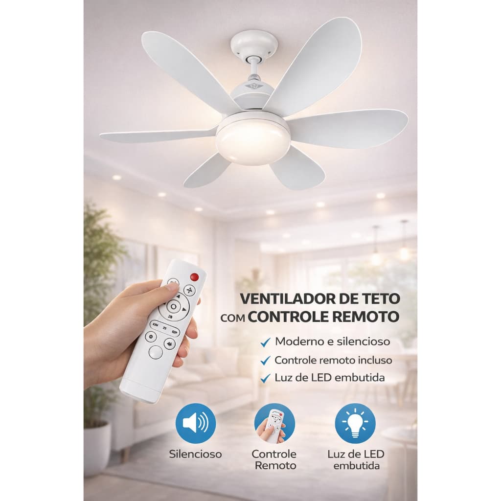 Ventilador DeTeto Com Luz Led 60w 42cm com Controle Branco E27