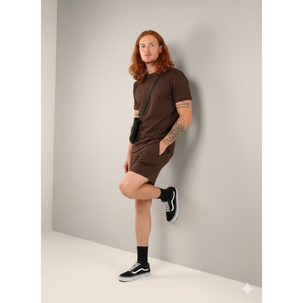 Conjunto Moderno Luxo Elegante Moda Masculino Ribana Canelada Manda Curta Bermuda Maurinho