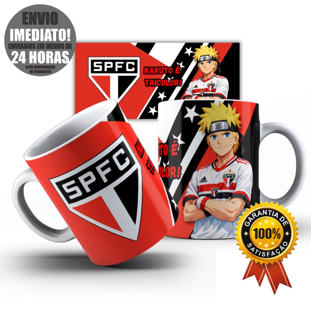 Caneca Xícara Personalizada Naruto São Paulo Tricolor Paulista Time de Futebol Anime Presente Envio 24h