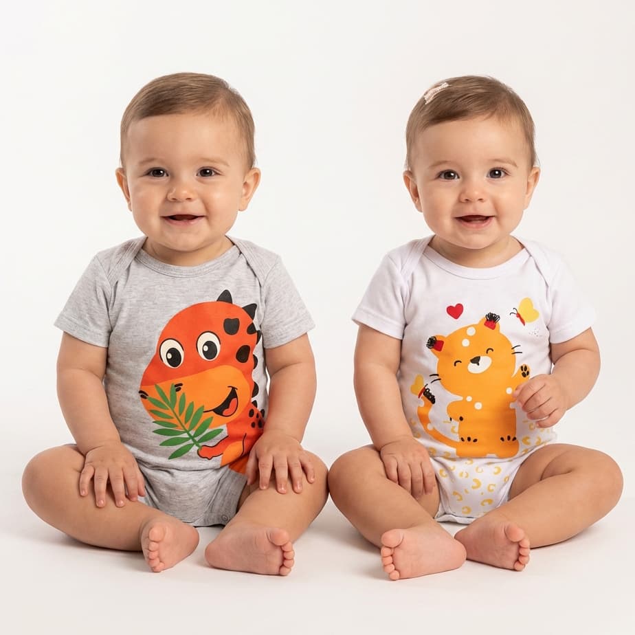 Kit 2 Unidades Macacão e Body Infantil Bebê 100% Algodão Menino Menina Unissex Básico Super Macio Enxoval Maternidade