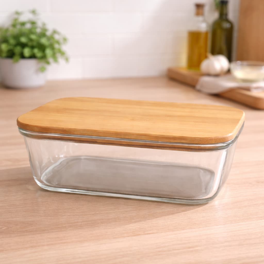 Pote de Vidro Hermético 1040ml com Tampa de Bambu Marmita Ideal Para Saladas Frutas Massas Sobremesas