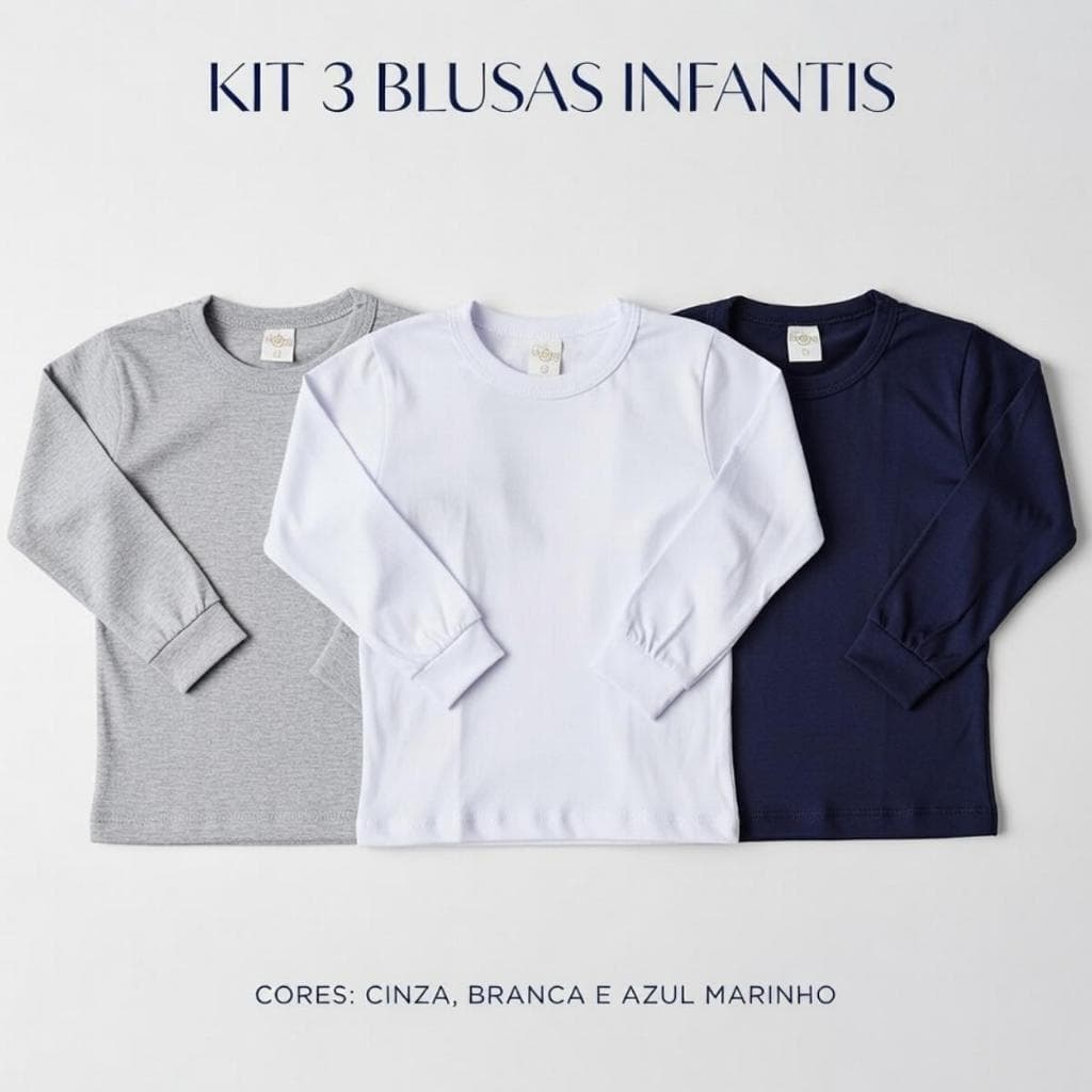 Kit 3 Camisetas Infantis Unissex Manga Longa BasicaTamanho do 1 ao 16 | Volta às Aulas