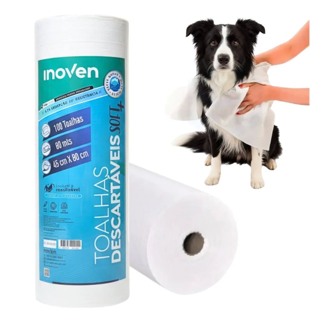 Toalha Descartável Para Pets Soft+ Inoven Tamanho 45x80cm Rolo com 100 Toalhas