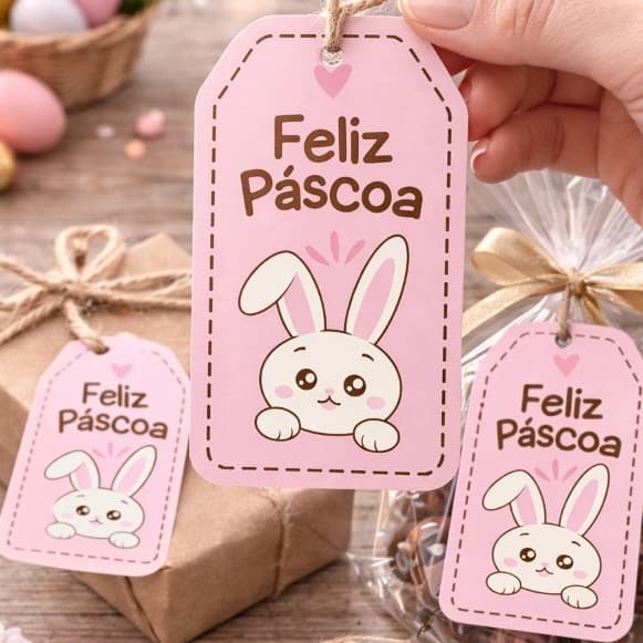 Tag Feliz Páscoa com Coelhinho – Papel Glossy 140g ou Offset 120g -- 8x4,5cm