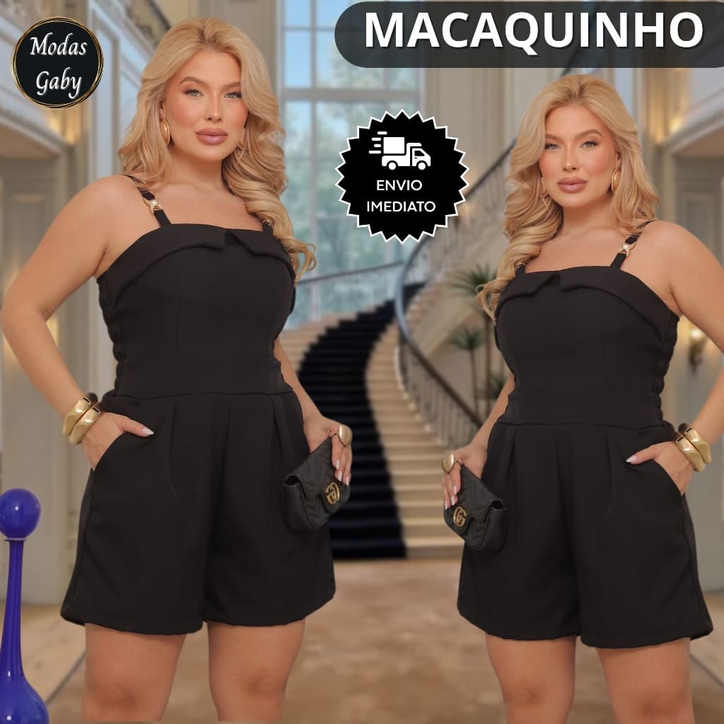 Macaquinho Feminino Curto de Alfaiataria Premium - Bolsos Funcionais e Lastex nas Costas