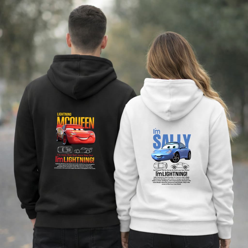 Kit 2 Moletom Casal Canguru Relâmpago Mc Queen e Sally Carros Masculino e Feminino