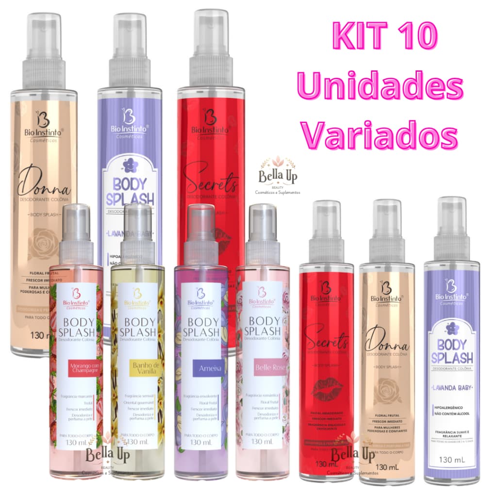KIT 10 BODY SPLASH BIO INSTINTO DESODORANTE COLONIA PERFUME CORPORAL morango, vanilla, donna