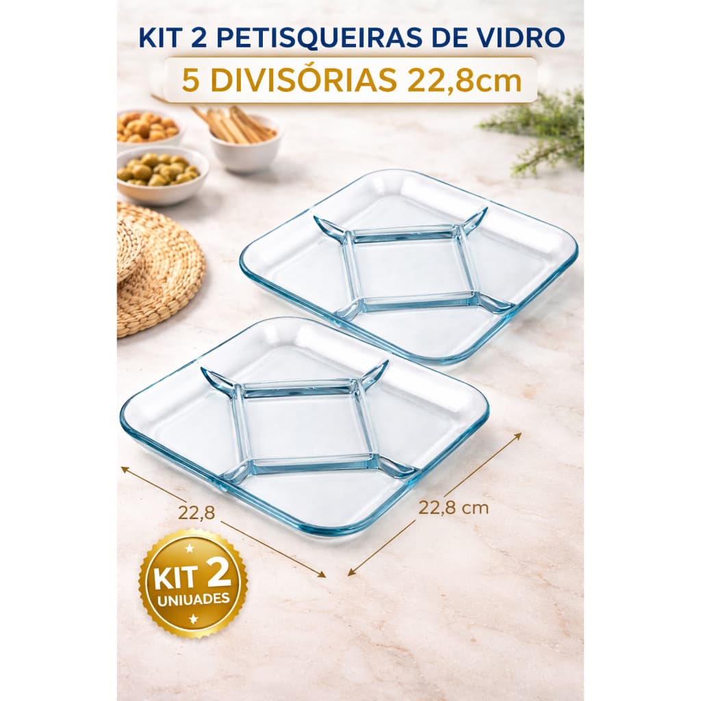 Kit 2 Petisqueiras de Vidro 5 Divisórias 22,8cm