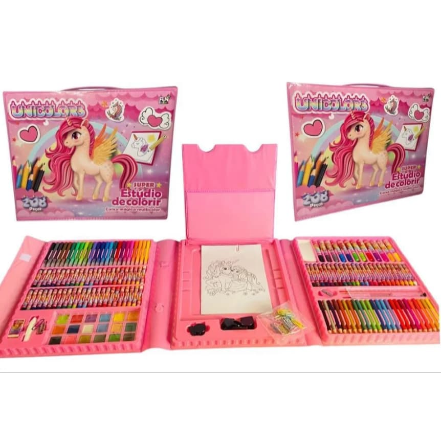 Estojo Maleta 208 Pçs Escolar Colorir Lápis Canetinha Pintura Desenhos Cola Tesoura Menina Completo