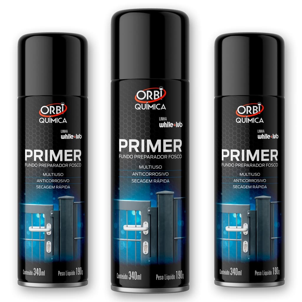 Kit 3 Tinta Primer Anti-ferrugem Spray Cinza Orbi 340ml