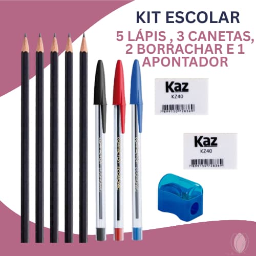 Kit Escolar Completo - 5 Lápis, 3 Canetas, 2 Borrachas e 1 Apontador