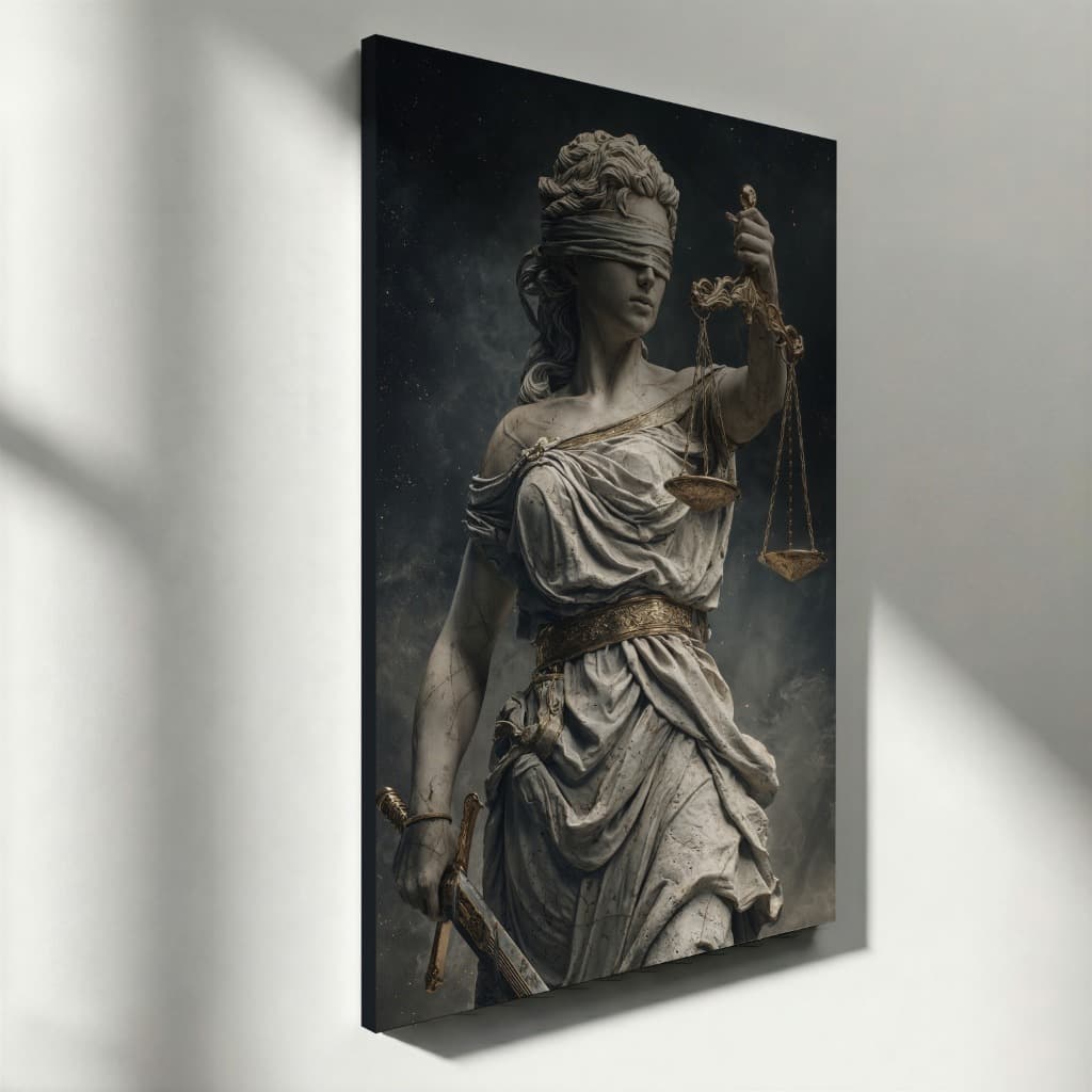 Quadro Decorativo Justiça Deusa Themis Arte Clássica Estátua Balança Tela Vertical Luxo