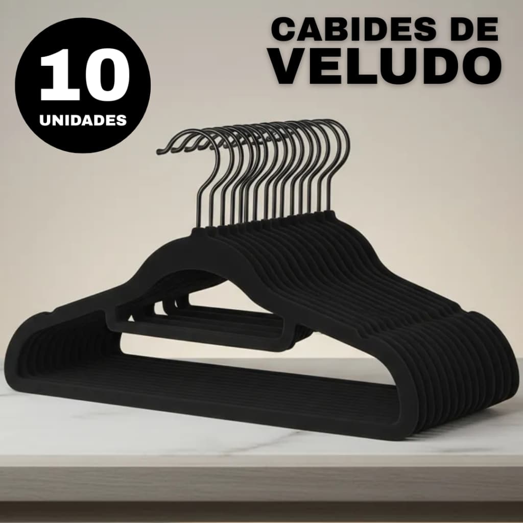 Kit 10 Cabides Veludo Adulto Antiderrapante Preto Slim Organizador Closet Guarda Roupa
