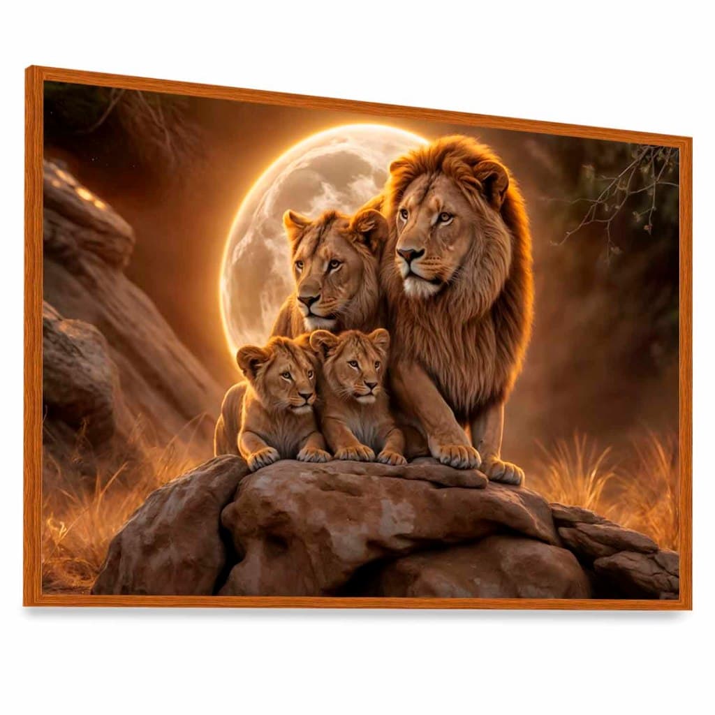 Quadro Decorativo Vidro Família Leões 2 filhotes Lua Natureza