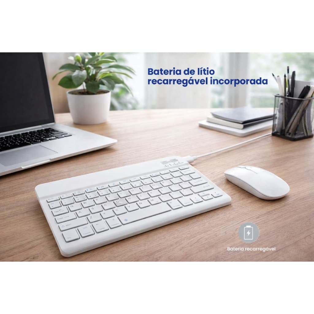 BRANCO - Conjunto de Teclado + Mouse Sem Fio Bluetooth Para Notebook e Tablet