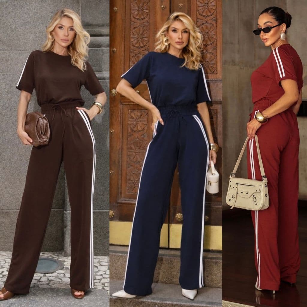 Conjunto Feminino Moletinho Premium Calça Cintura Alta Confortável e Blusa com listras Elegante