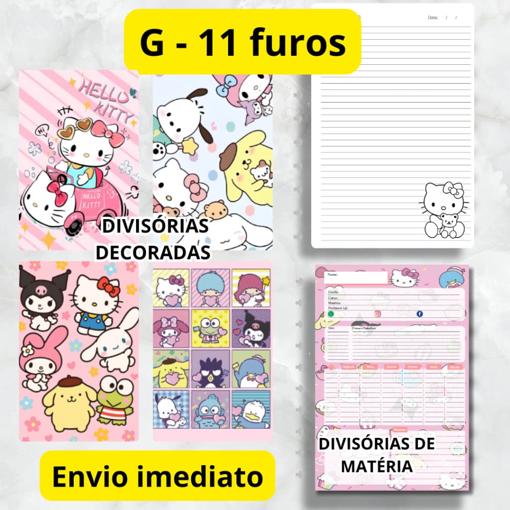 REFIL 100 FOLHAS PARA CADERNO DE DISCO HELLO KITTY (G - 11 FUROS) E KIT DIVISÓRIA
