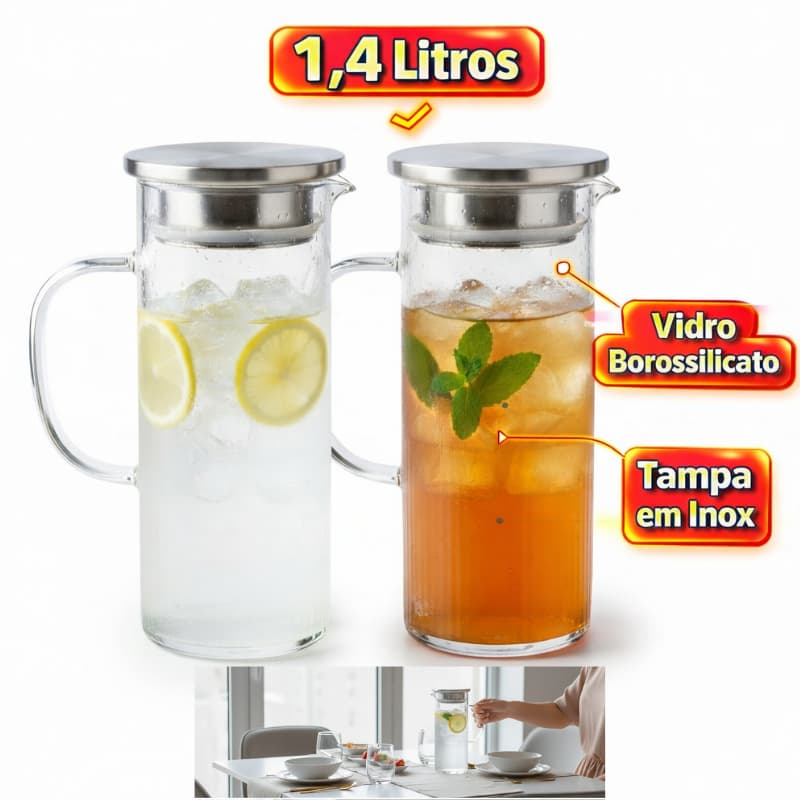 Jarra Vidro Borossilicato Tampa Inox Capacidade 1.4 Litros Resistente Qualidade