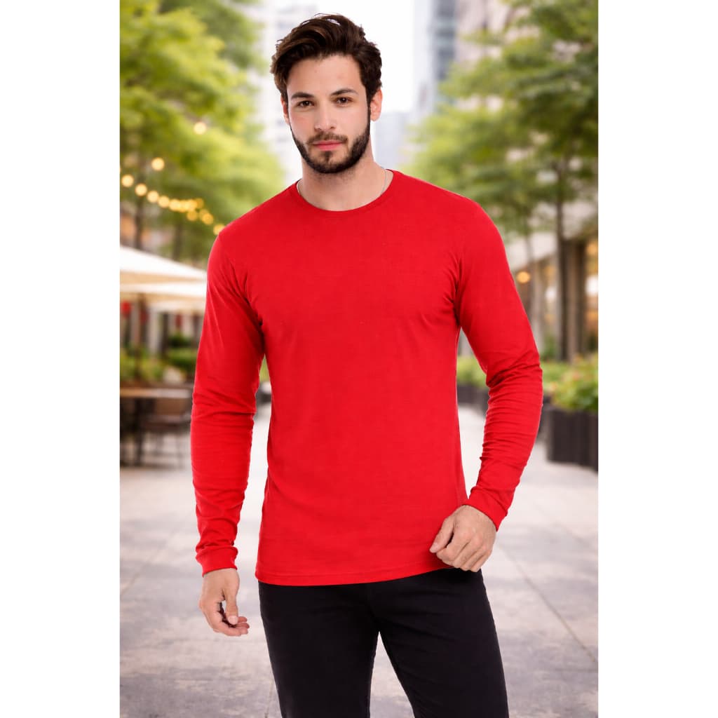 Camiseta Manga Longa Masculina 100% Algodão Gola Redonda com Punhos nas Mangas