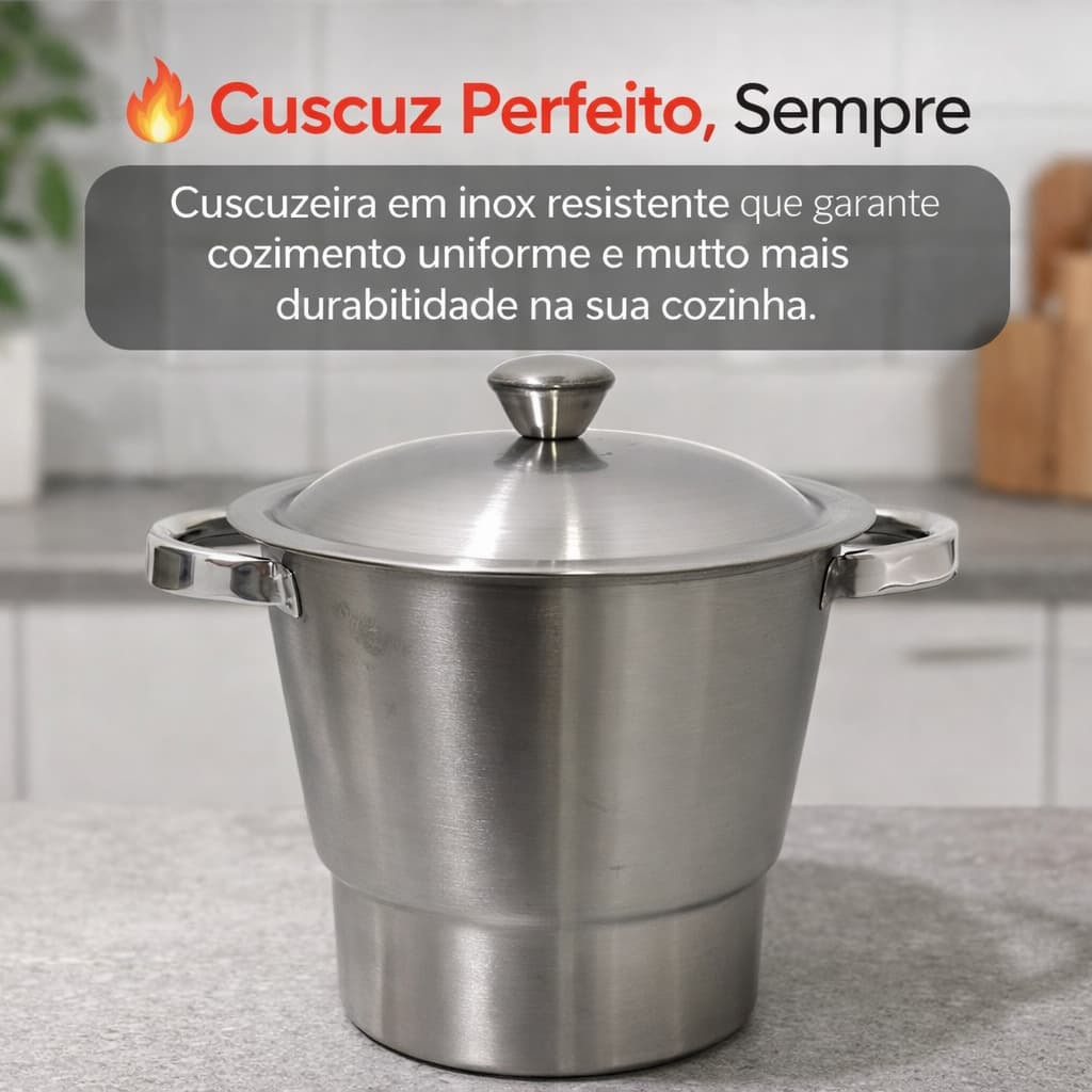 Cuscuzeira Nordestina Aço Inox Indução Gás Reforçada Cuscuz Inox