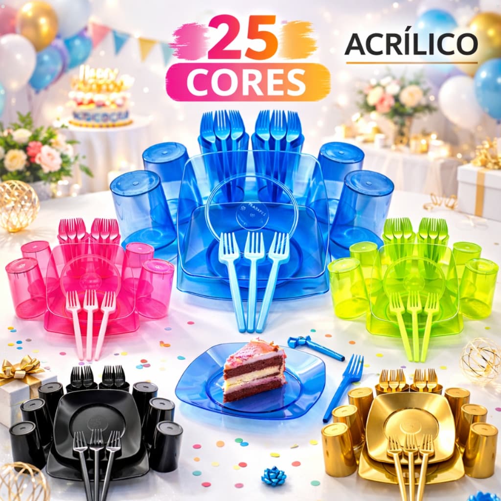 Kit Aniversário 150 Itens Acrílico Festa Descartável Plástico Pratos Copos Garfinho Pratinho Sobremesa Bolo Neon Cristal