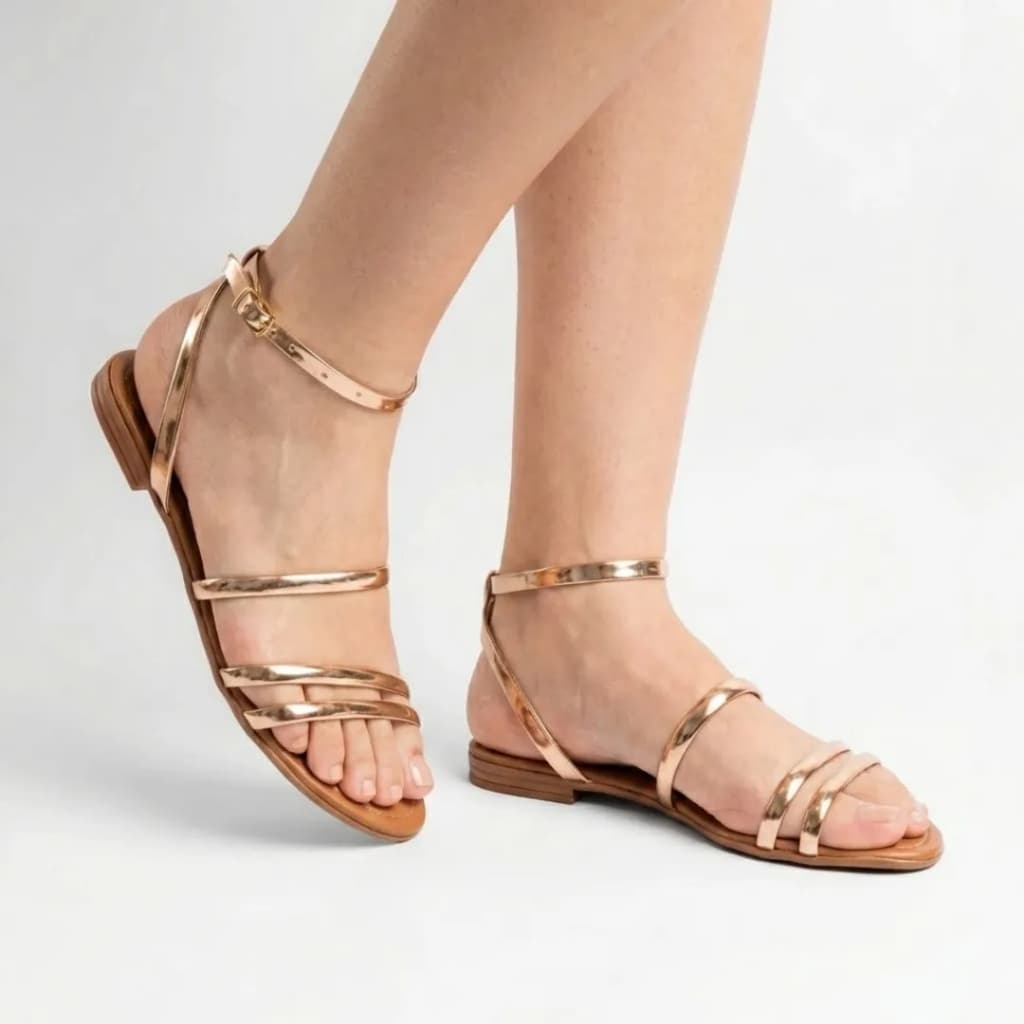 Rasteirinha Sandália feminina 3 tiras rosé gold