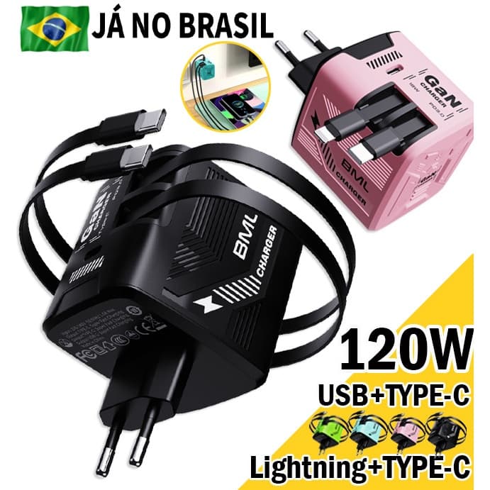 Carregador GaN 120W de Alta Velocidade com iPhone e Samsung,3 Portas (1USB-C + 2 USB Retrateis)