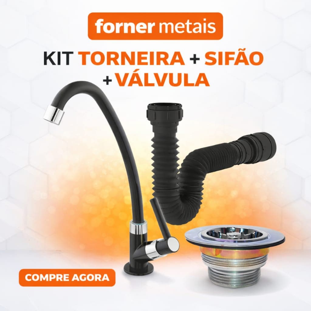 Kit Torneira Preta Bica Móvel com Sifão Sanfonado Preto e Válvula Americana metal M+ ABS