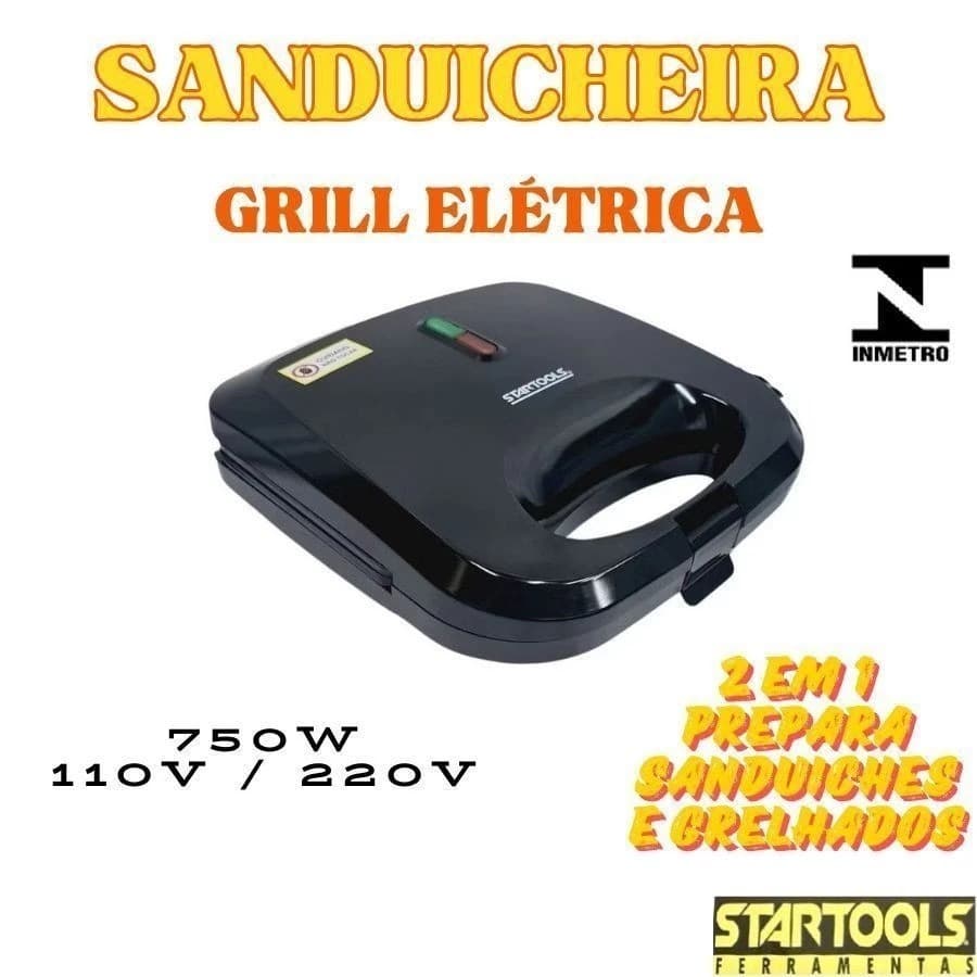 Sanduicheira Grill Elétrica 750W 220 Ou 110V Grelha Duplas 2 Em 1 Grelhados E Sanduíches