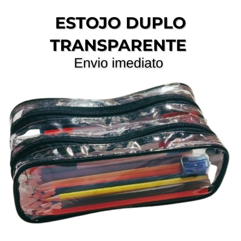 Estojo transparente duplo, escolar, escritório, enfermagem, cor preta com vivo com 2 Repartição