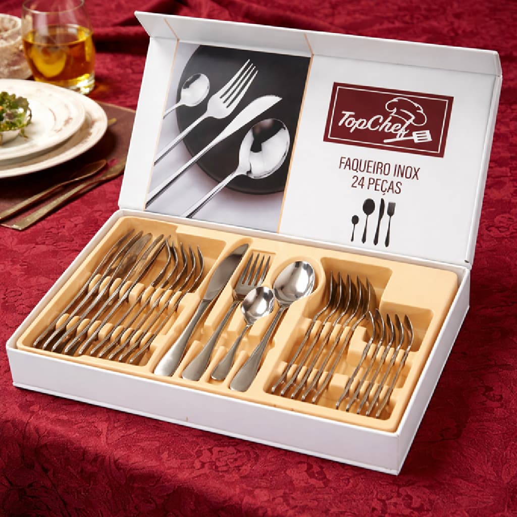Conjunto Faqueiro Inox 24 Peças Kit Talheres Completo Design Moderno Durável Prático Elegante