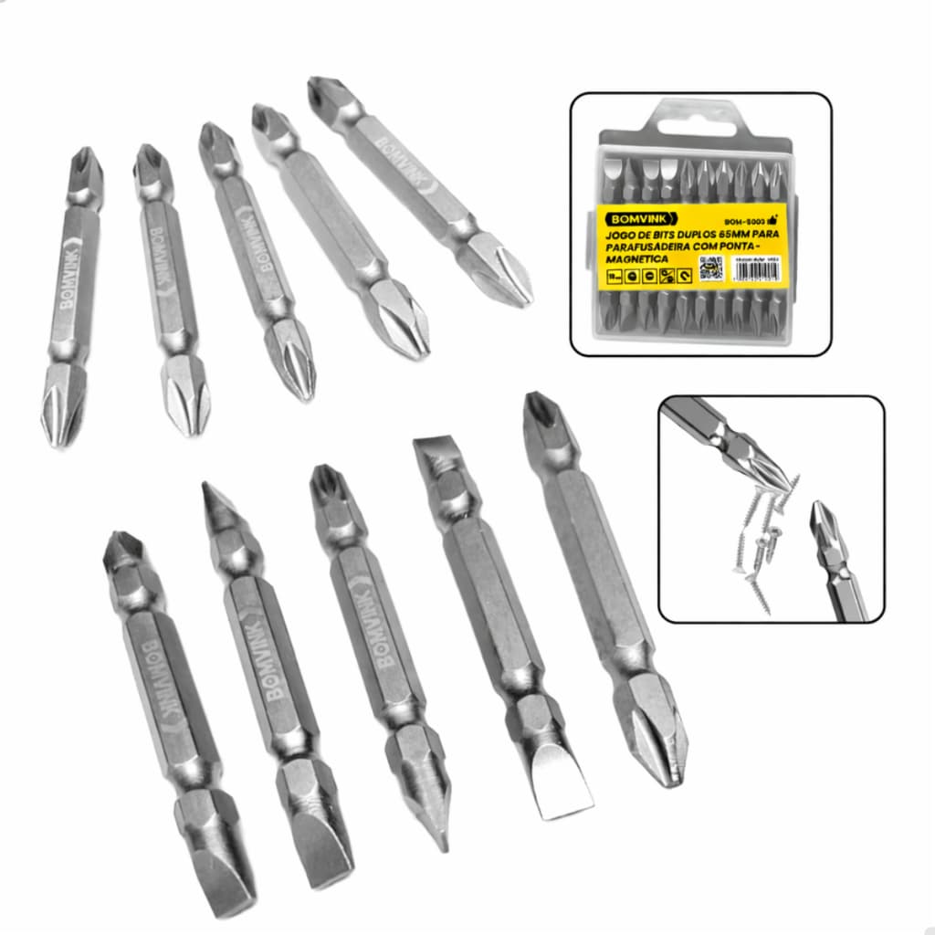 Conjunto Bits Duplo 65mm Magnético Fenda E Philips Alta Aço