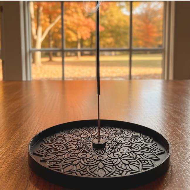 Porta Incenso Mandala Zen Preto - Incensário Redondo 15cm Luxo