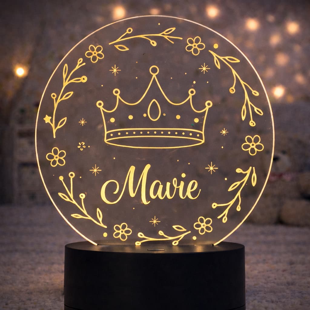 Luminária Acrílica LED Personalizada Infantil - Tema Coroa com Nome