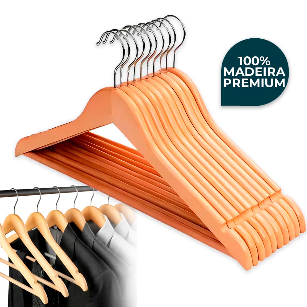 Kit 6/12/21/30 Cabides De Madeira Premium Marfim Para Roupas Calça Gancho Cromado