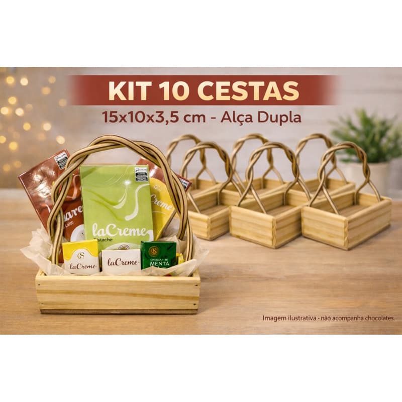 Cestas de Madeira Pinus Kit 5 ou 10 Para Presente Café da Manhã Lembrancinhas Alça Dupla 15x10x3,5cm